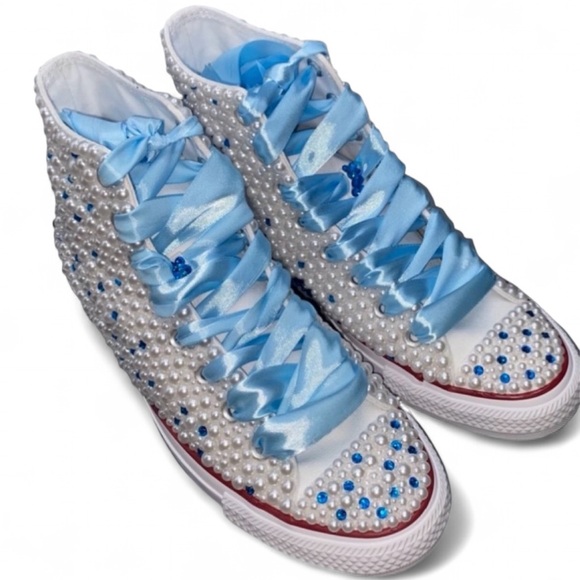 Capri Blue Crystal Diamond & Pearls High Top Converse Sizes 5-14 New - Picture 3 of 12